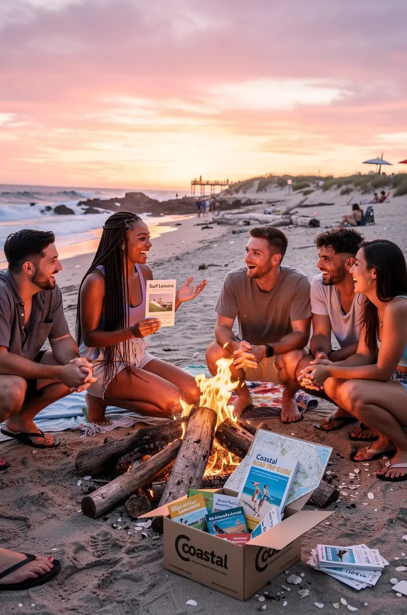 Коробка с аксессуарами для прибрежного путешествия, включая гид и пропуска на скидку.